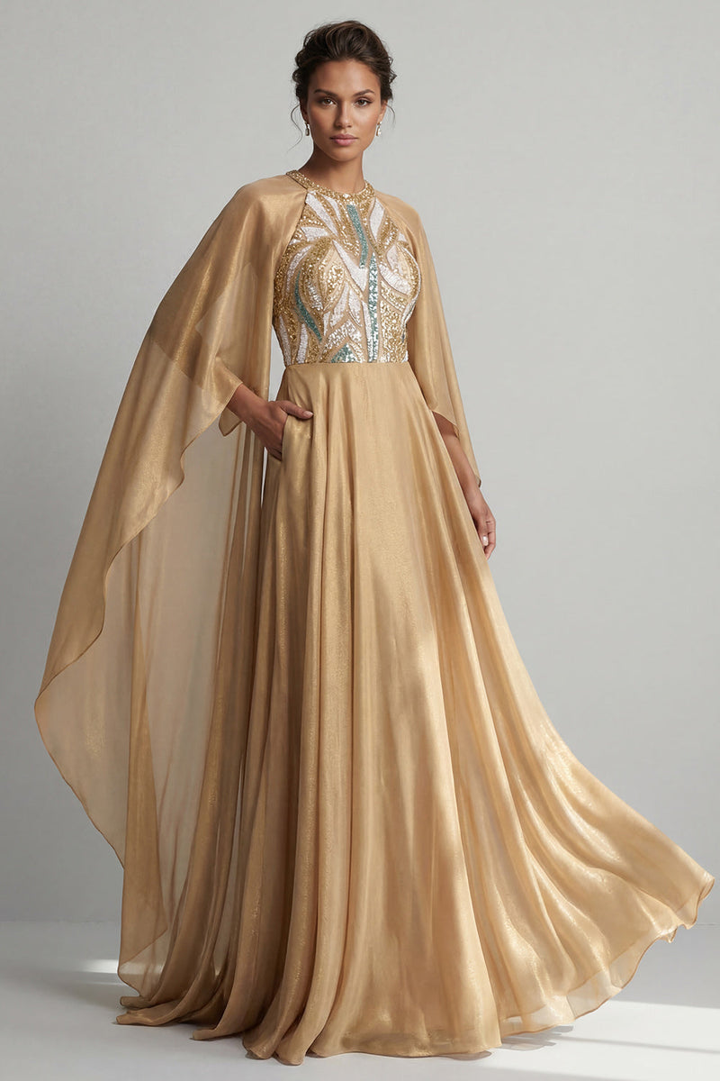Laden Sie das Bild in den Galerie-Viewer, Champagner A-Linie Pailletten Mutter der Braut mit langen Ärmeln