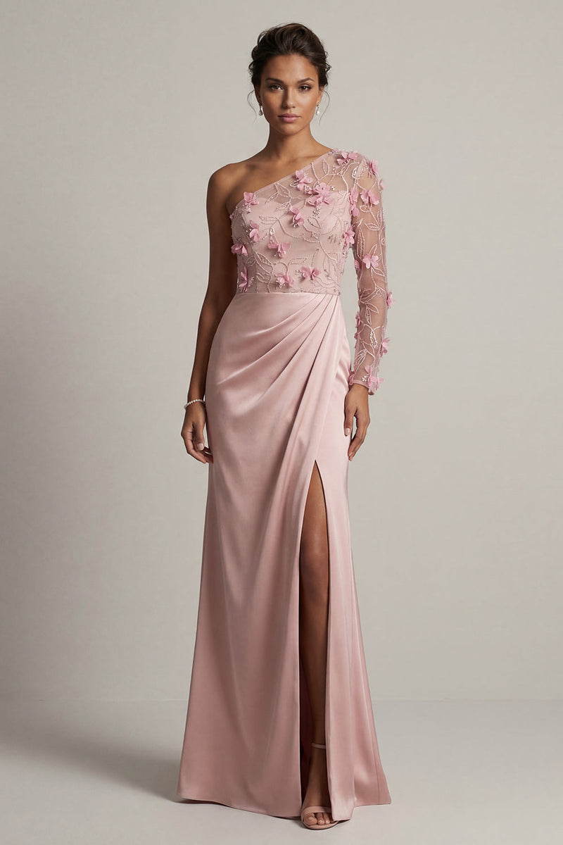 Laden Sie das Bild in den Galerie-Viewer, Satin Dusty Rose Scheide, eine Schulter gerafft, Mutter der Braut Kleid mit Schlitz