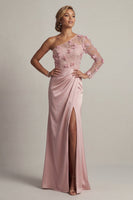 Laden Sie das Bild in den Galerie-Viewer, Satin Dusty Rose Scheide, eine Schulter gerafft, Mutter der Braut Kleid mit Schlitz