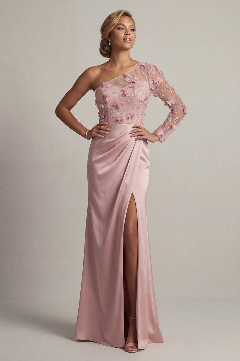 Laden Sie das Bild in den Galerie-Viewer, Satin Dusty Rose Scheide, eine Schulter gerafft, Mutter der Braut Kleid mit Schlitz