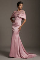 Laden Sie das Bild in den Galerie-Viewer, Meerjungfrauen-Satinrosa Rundhals-Langkleid Mutter der Braut