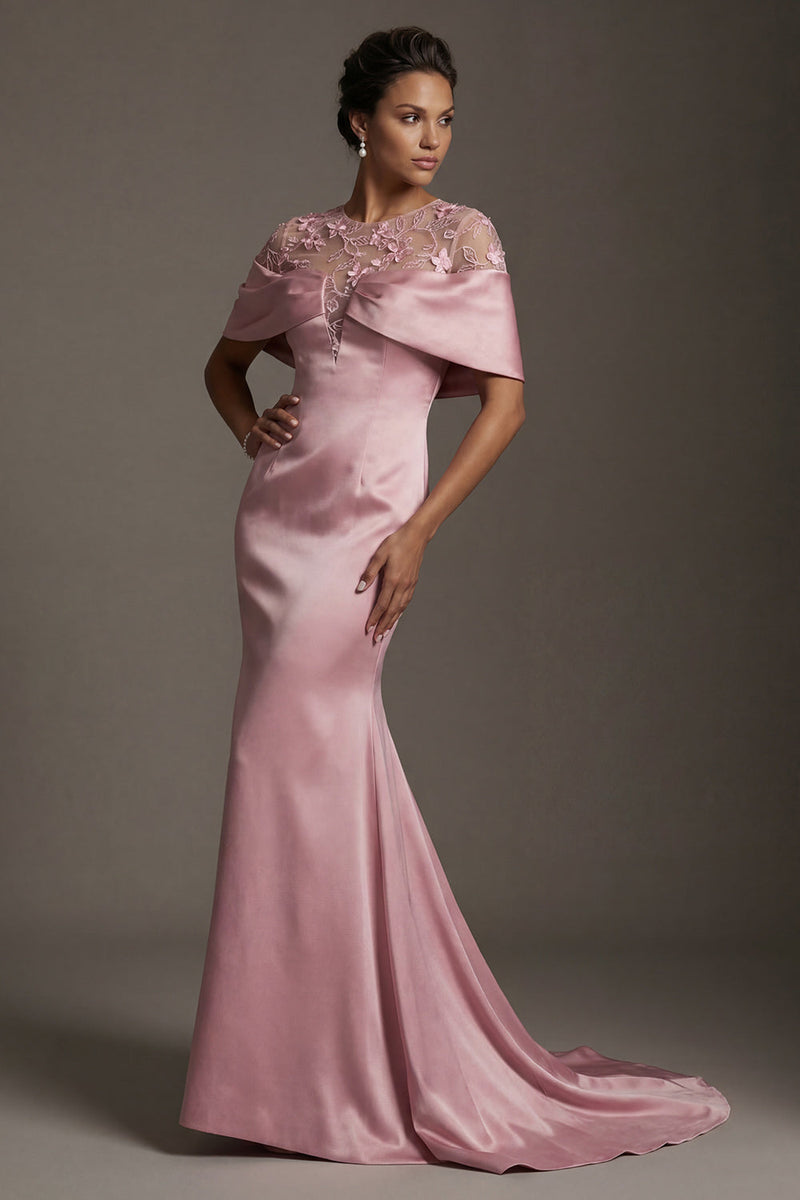 Laden Sie das Bild in den Galerie-Viewer, Meerjungfrauen-Satinrosa Rundhals-Langkleid Mutter der Braut