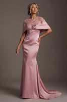 Laden Sie das Bild in den Galerie-Viewer, Meerjungfrauen-Satinrosa Rundhals-Langkleid Mutter der Braut