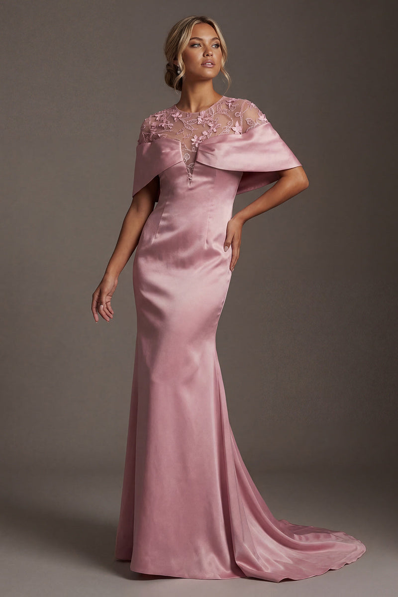 Laden Sie das Bild in den Galerie-Viewer, Meerjungfrauen-Satinrosa Rundhals-Langkleid Mutter der Braut