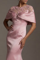 Laden Sie das Bild in den Galerie-Viewer, Meerjungfrauen-Satinrosa Rundhals-Langkleid Mutter der Braut