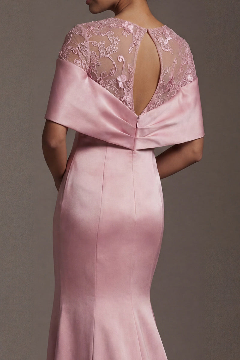 Laden Sie das Bild in den Galerie-Viewer, Meerjungfrauen-Satinrosa Rundhals-Langkleid Mutter der Braut