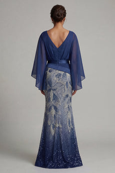 Glitzerndes marineblaues V-Ausschnitt Meerjungfrauenkleid Mutter der Braut mit Umhangärmeln