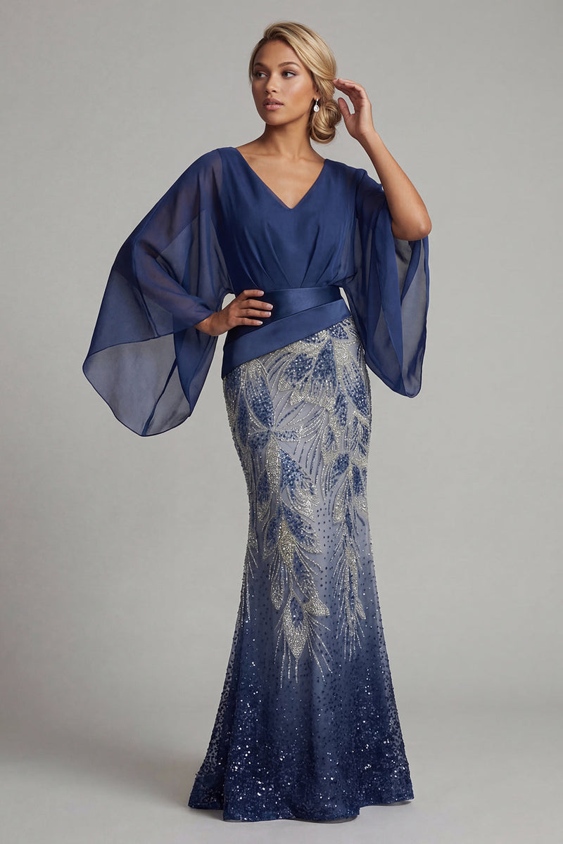 Laden Sie das Bild in den Galerie-Viewer, Glitzerndes marineblaues V-Ausschnitt Meerjungfrauenkleid Mutter der Braut mit Umhangärmeln