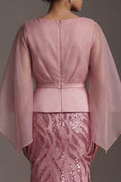 Laden Sie das Bild in den Galerie-Viewer, Pinkes V-Ausschnitt Meerjungfrauen-Paillettenkleid Mutter der Braut mit Umhangärmeln