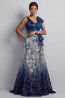 Laden Sie das Bild in den Galerie-Viewer, Glitzernder marineblauer V-Ausschnitt A-Linien-Mutter-der-der-Braut-Kleid mit Schleife