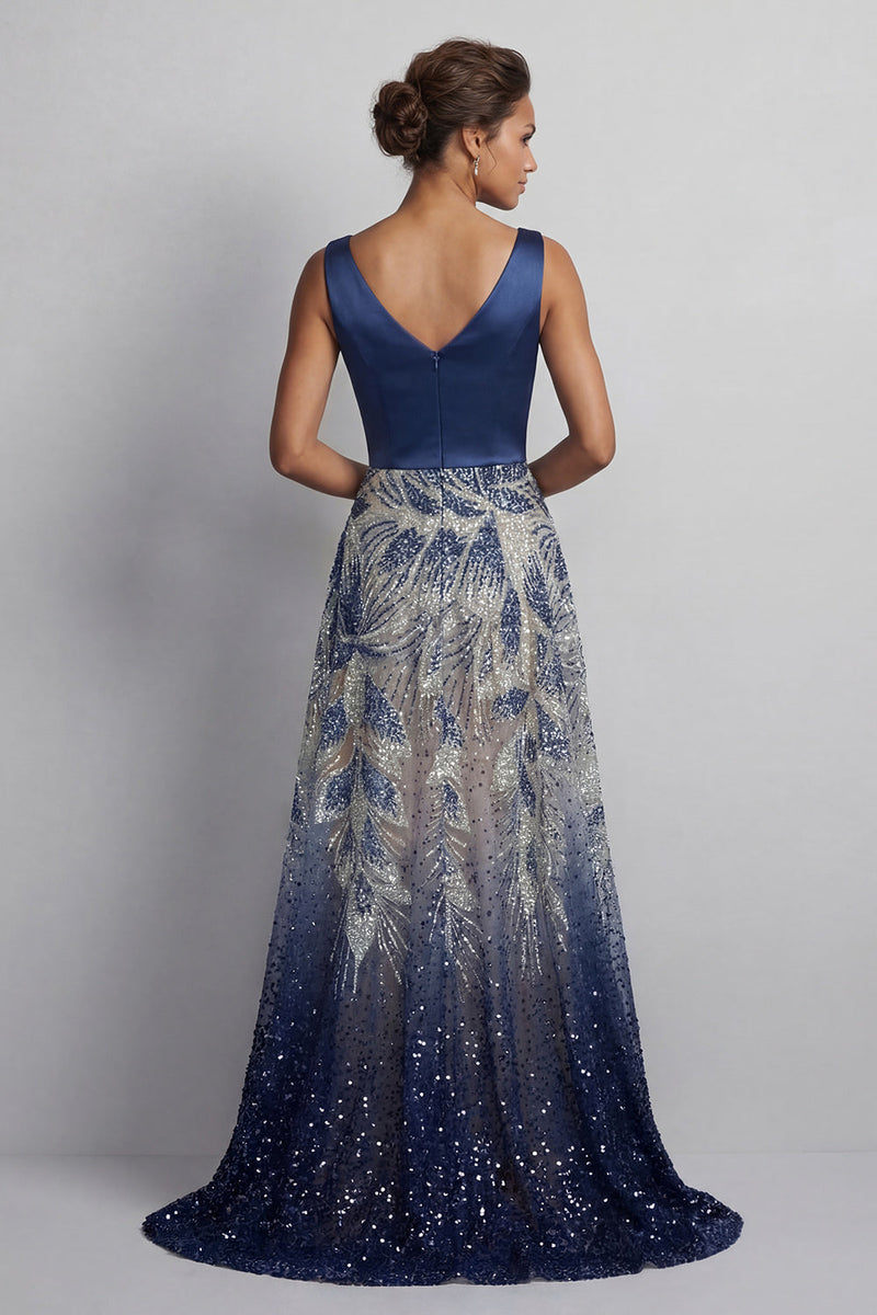 Laden Sie das Bild in den Galerie-Viewer, Glitzernder marineblauer V-Ausschnitt A-Linien-Mutter-der-der-Braut-Kleid mit Schleife