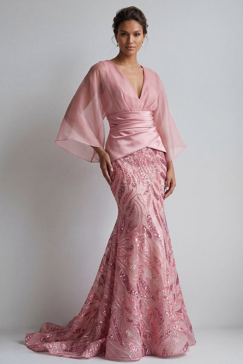 Laden Sie das Bild in den Galerie-Viewer, Glitzerndes rosa V-Ausschnitt Meerjungfrauenkleid Mutter der Braut mit Umhangärmeln
