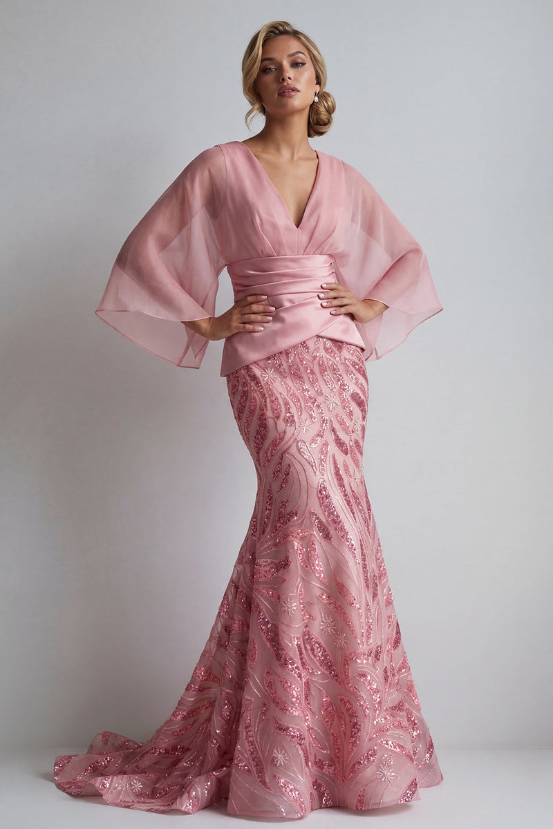 Laden Sie das Bild in den Galerie-Viewer, Glitzerndes rosa V-Ausschnitt Meerjungfrauenkleid Mutter der Braut mit Umhangärmeln