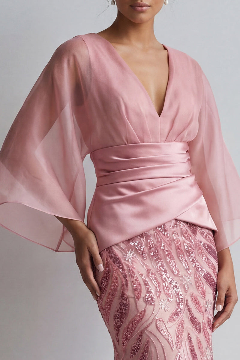 Laden Sie das Bild in den Galerie-Viewer, Glitzerndes rosa V-Ausschnitt Meerjungfrauenkleid Mutter der Braut mit Umhangärmeln