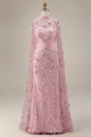Laden Sie das Bild in den Galerie-Viewer, Meerjungfrauenrosa Illusionsausschnitt 3D-Blumenabendkleid mit Umhangärmeln