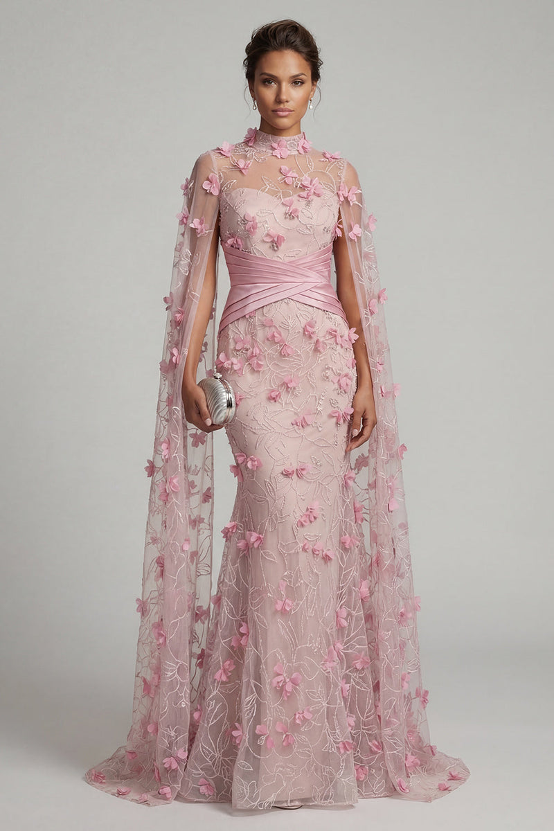 Laden Sie das Bild in den Galerie-Viewer, Rosa Illusionshals Meerjungfrauen-Blumenkleid Mutter der Braut mit Umhangärmeln