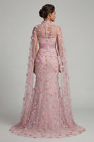 Laden Sie das Bild in den Galerie-Viewer, Rosa Illusionshals Meerjungfrauen-Blumenkleid Mutter der Braut mit Umhangärmeln