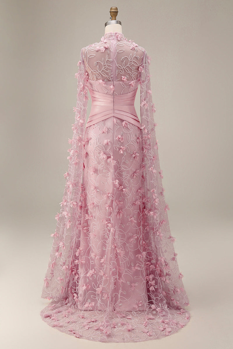 Laden Sie das Bild in den Galerie-Viewer, Meerjungfrauenrosa Illusionsausschnitt 3D-Blumenabendkleid mit Umhangärmeln