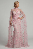 Laden Sie das Bild in den Galerie-Viewer, Rosa Illusionshals Meerjungfrauen-Blumenkleid Mutter der Braut mit Umhangärmeln