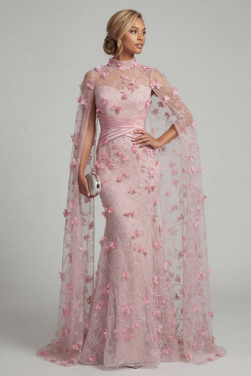 Laden Sie das Bild in den Galerie-Viewer, Rosa Illusionshals Meerjungfrauen-Blumenkleid Mutter der Braut mit Umhangärmeln