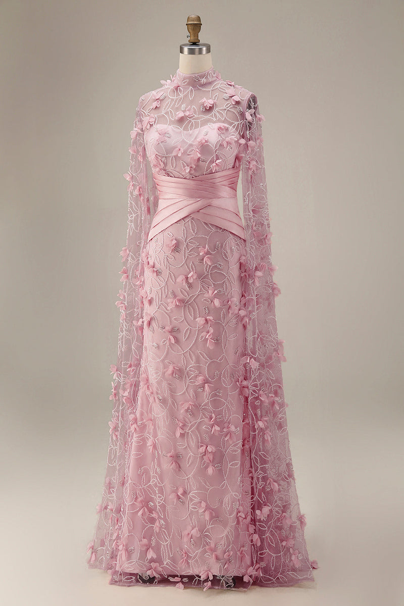 Laden Sie das Bild in den Galerie-Viewer, Meerjungfrauenrosa Illusionsausschnitt 3D-Blumenabendkleid mit Umhangärmeln