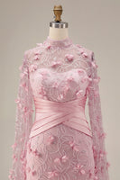 Laden Sie das Bild in den Galerie-Viewer, Meerjungfrauenrosa Illusionsausschnitt 3D-Blumenabendkleid mit Umhangärmeln