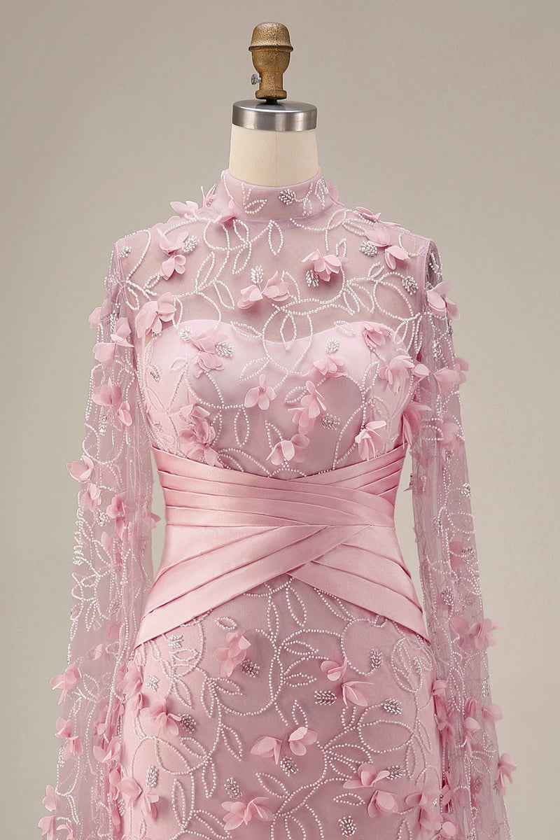 Laden Sie das Bild in den Galerie-Viewer, Meerjungfrauenrosa Illusionsausschnitt 3D-Blumenabendkleid mit Umhangärmeln