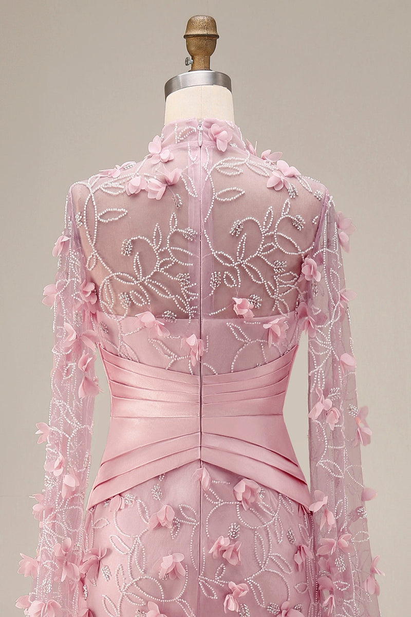Laden Sie das Bild in den Galerie-Viewer, Meerjungfrauenrosa Illusionsausschnitt 3D-Blumenabendkleid mit Umhangärmeln