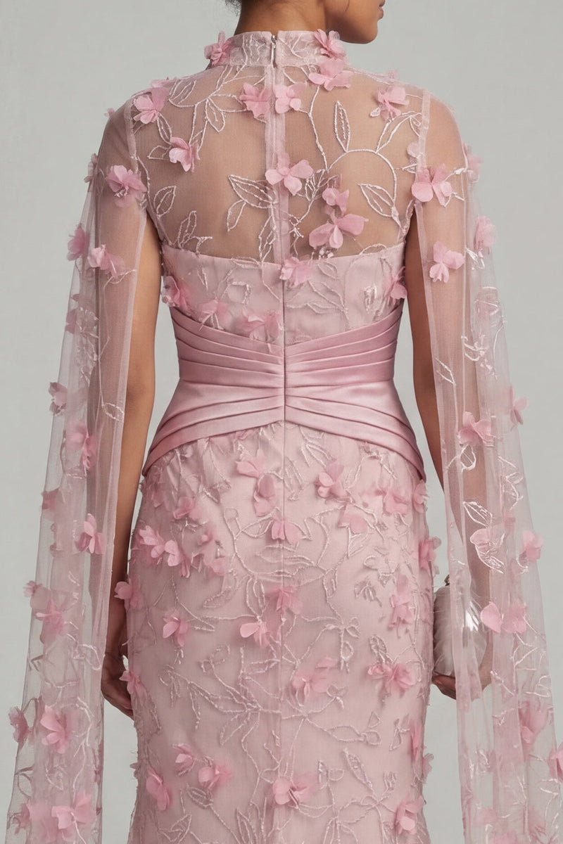 Laden Sie das Bild in den Galerie-Viewer, Rosa Illusionshals Meerjungfrauen-Blumenkleid Mutter der Braut mit Umhangärmeln