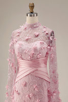 Laden Sie das Bild in den Galerie-Viewer, Meerjungfrauenrosa Illusionsausschnitt 3D-Blumenabendkleid mit Umhangärmeln