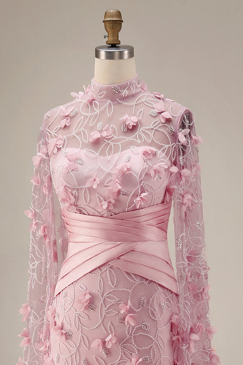 Laden Sie das Bild in den Galerie-Viewer, Meerjungfrauenrosa Illusionsausschnitt 3D-Blumenabendkleid mit Umhangärmeln
