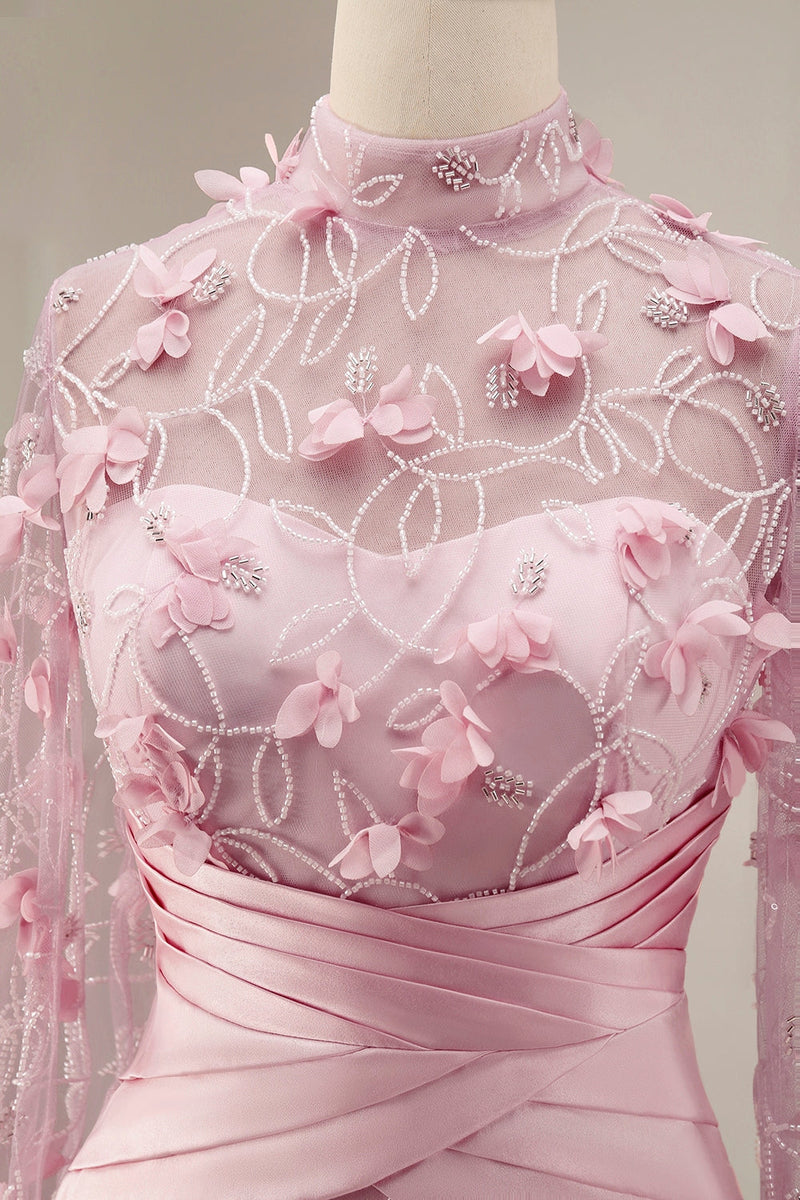 Laden Sie das Bild in den Galerie-Viewer, Meerjungfrauenrosa Illusionsausschnitt 3D-Blumenabendkleid mit Umhangärmeln