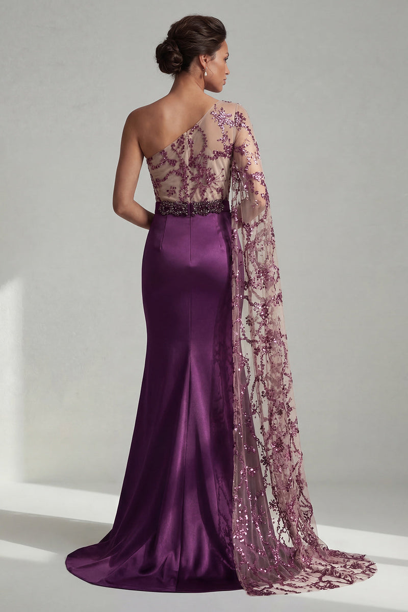Laden Sie das Bild in den Galerie-Viewer, Einschulter dunkelviolette Meerjungfrauen-Pailletten Mutter der Braut Kleid