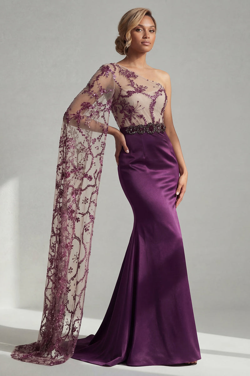 Laden Sie das Bild in den Galerie-Viewer, Einschulter dunkelviolette Meerjungfrauen-Pailletten Mutter der Braut Kleid