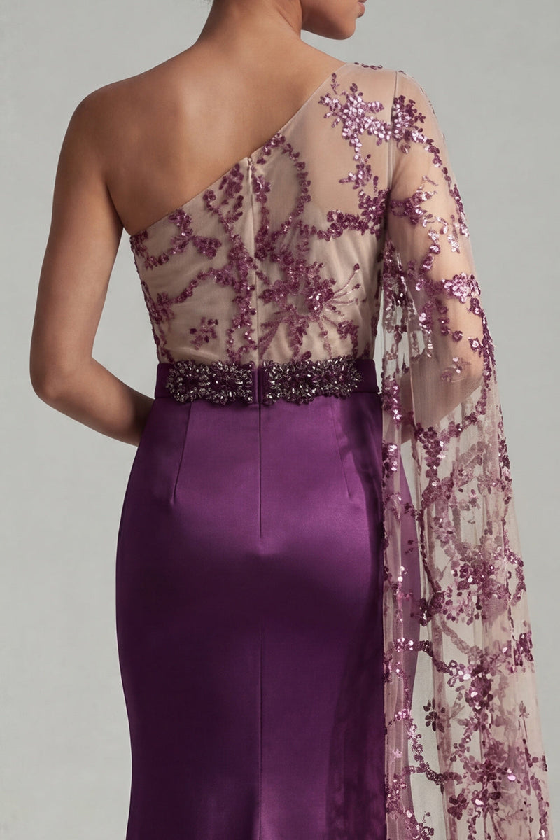 Laden Sie das Bild in den Galerie-Viewer, Einschulter dunkelviolette Meerjungfrauen-Pailletten Mutter der Braut Kleid