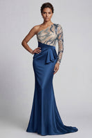 Laden Sie das Bild in den Galerie-Viewer, Glitzerndes marineblaues Einschulter-Meerjungfrauenkleid Mutter der Braut
