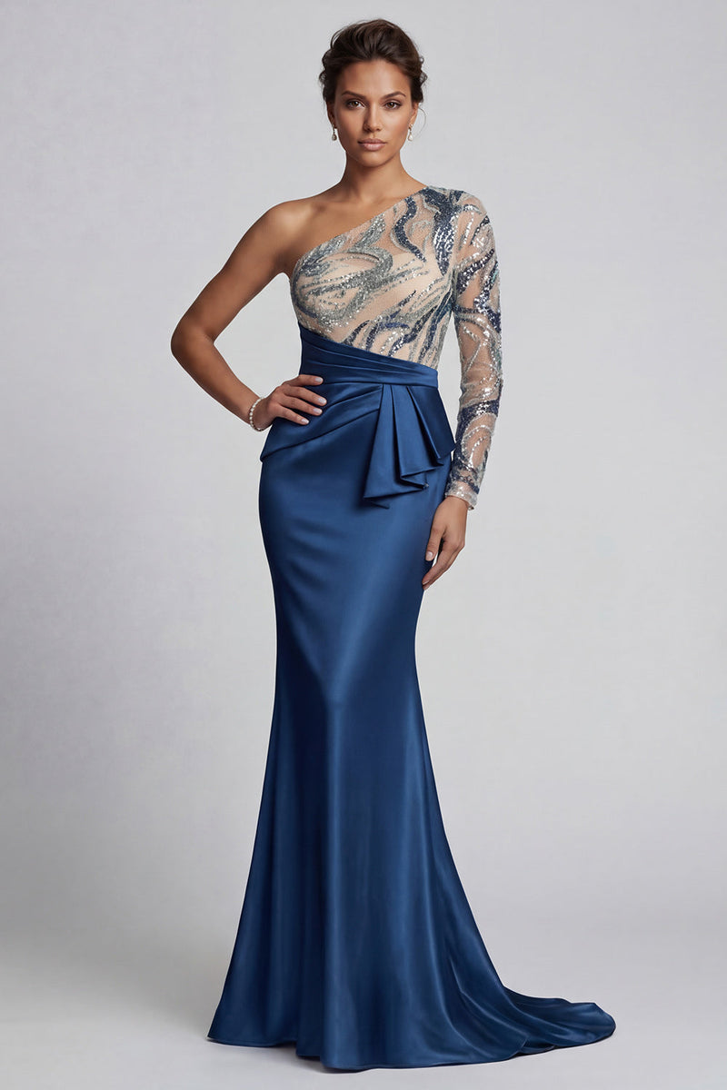Laden Sie das Bild in den Galerie-Viewer, Glitzerndes marineblaues Einschulter-Meerjungfrauenkleid Mutter der Braut