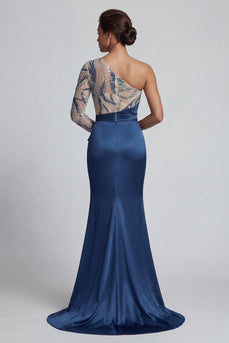 Glitzerndes marineblaues Einschulter-Meerjungfrauenkleid Mutter der Braut