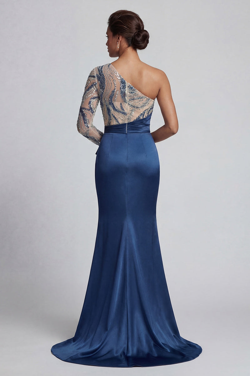 Laden Sie das Bild in den Galerie-Viewer, Glitzerndes marineblaues Einschulter-Meerjungfrauenkleid Mutter der Braut