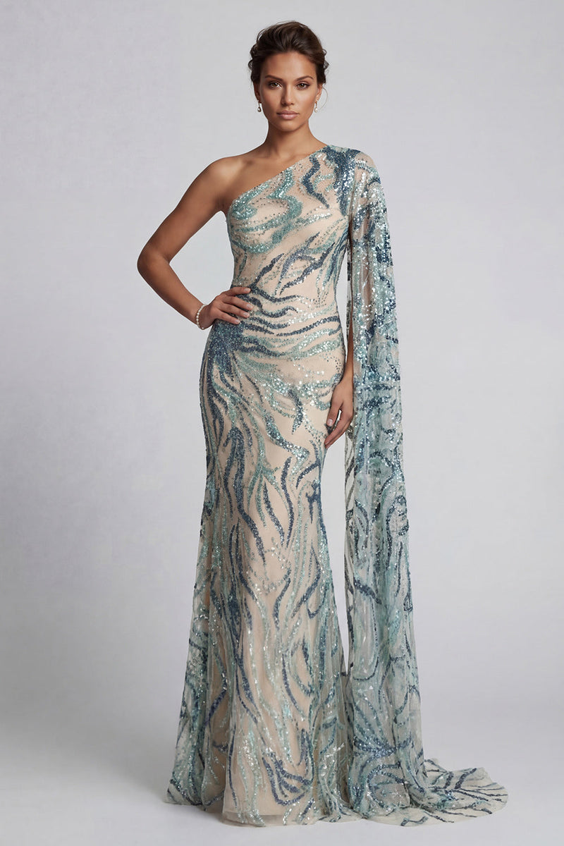 Laden Sie das Bild in den Galerie-Viewer, Glitzerndes einschulteriges hellblaues Meerjungfrauenkleid Mutter der Braut mit Seitenumhang
