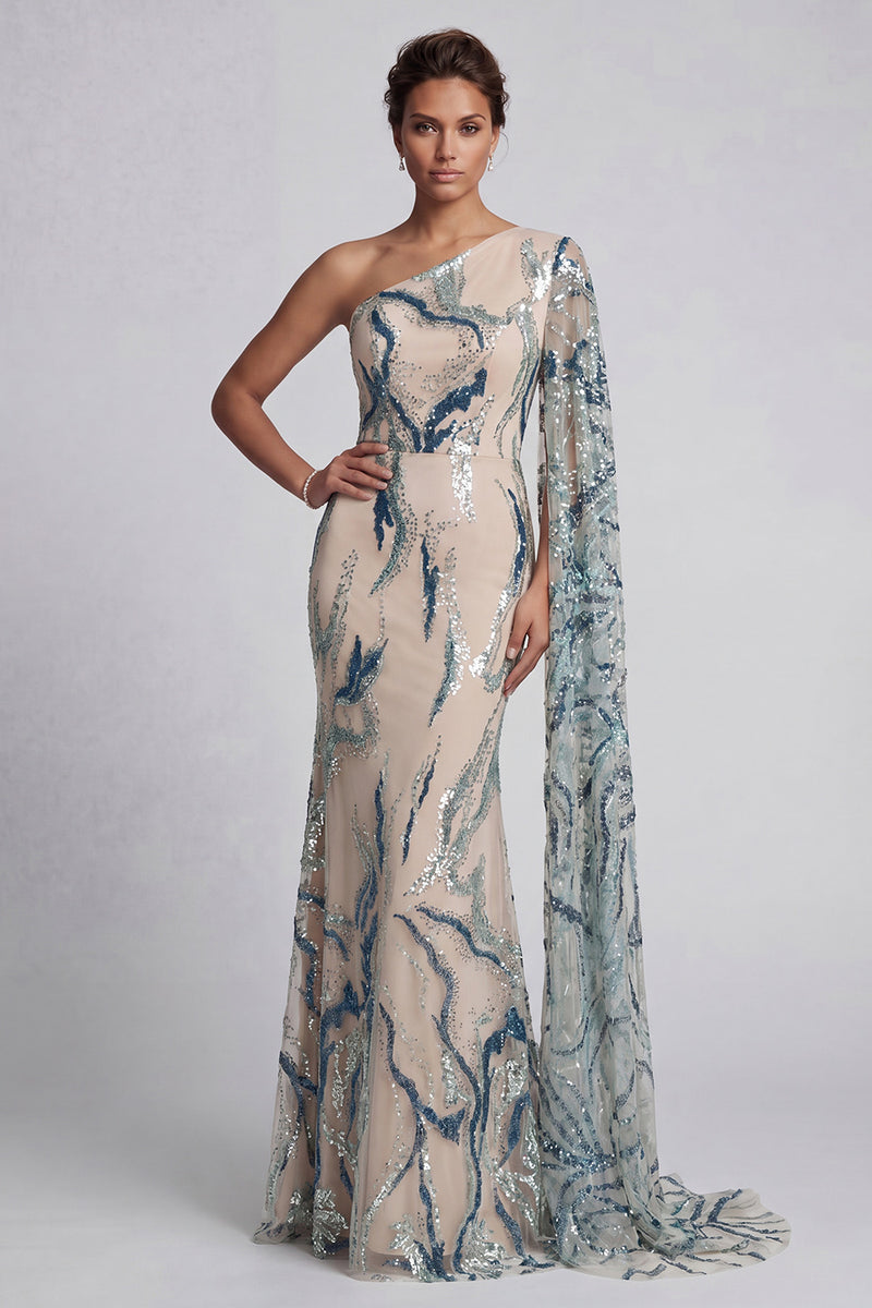 Laden Sie das Bild in den Galerie-Viewer, Glitzerndes einschulteriges hellblaues Meerjungfrauenkleid Mutter der Braut mit Seitenumhang