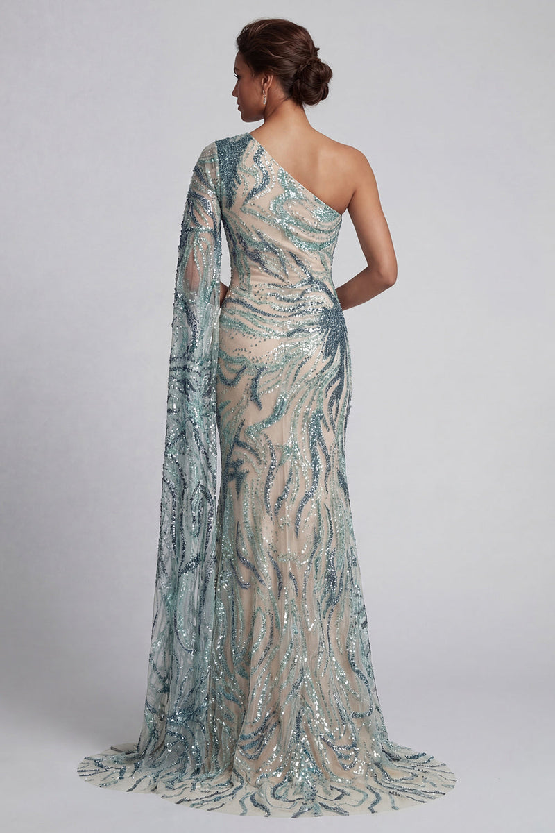Laden Sie das Bild in den Galerie-Viewer, Glitzerndes einschulteriges hellblaues Meerjungfrauenkleid Mutter der Braut mit Seitenumhang