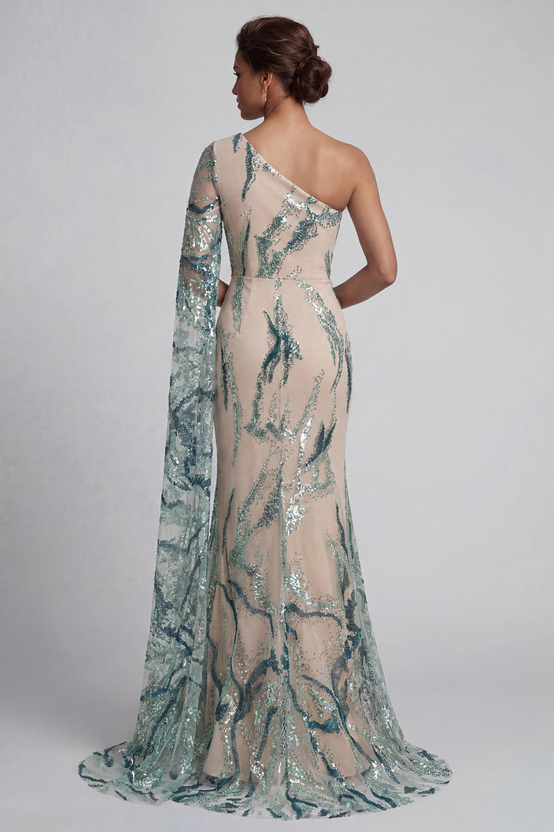 Laden Sie das Bild in den Galerie-Viewer, Glitzerndes einschulteriges hellblaues Meerjungfrauenkleid Mutter der Braut mit Seitenumhang