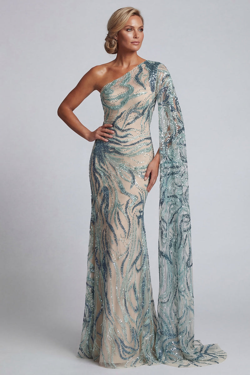 Laden Sie das Bild in den Galerie-Viewer, Glitzerndes einschulteriges hellblaues Meerjungfrauenkleid Mutter der Braut mit Seitenumhang
