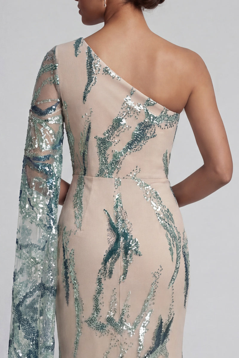 Laden Sie das Bild in den Galerie-Viewer, Glitzerndes einschulteriges hellblaues Meerjungfrauenkleid Mutter der Braut mit Seitenumhang
