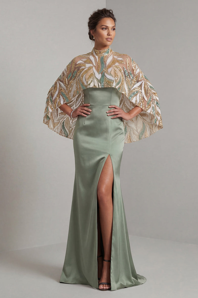 Laden Sie das Bild in den Galerie-Viewer, Hellgrünes Satin-Meerjungfrauenkleid Mutter der Braut mit abnehmbarem Umhang