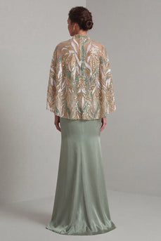 Hellgrünes Satin-Meerjungfrauenkleid Mutter der Braut mit abnehmbarem Umhang