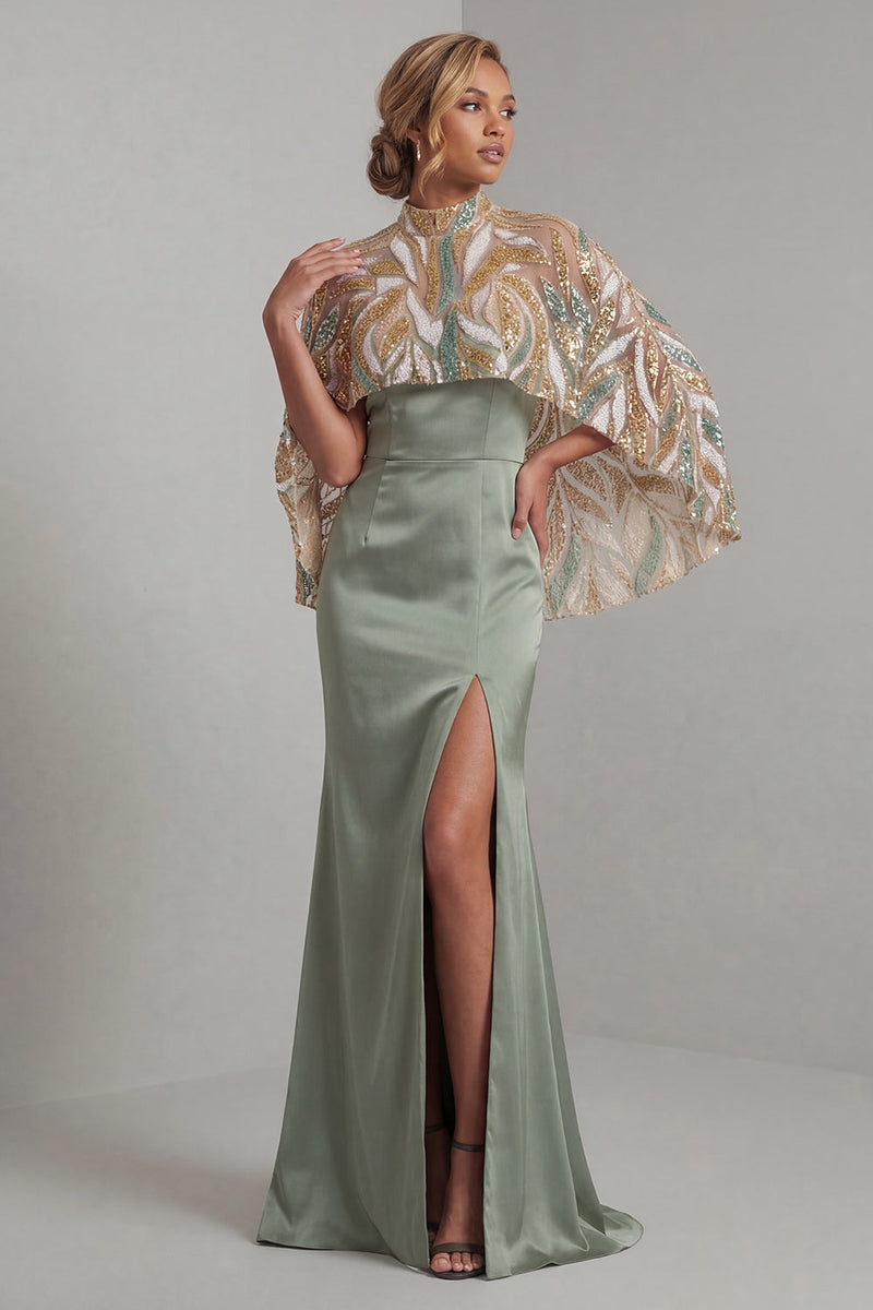 Laden Sie das Bild in den Galerie-Viewer, Hellgrünes Satin-Meerjungfrauenkleid Mutter der Braut mit abnehmbarem Umhang