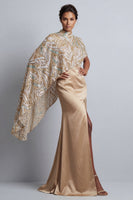 Laden Sie das Bild in den Galerie-Viewer, Champagner-Meerjungfrau-Satin-Kleid der Mutter der Braut mit abnehmbarem Umhang