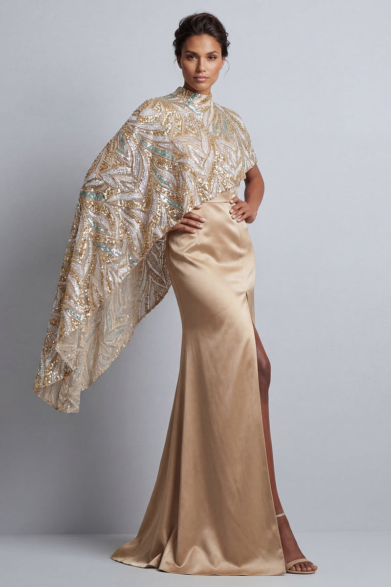 Laden Sie das Bild in den Galerie-Viewer, Champagner-Meerjungfrau-Satin-Kleid der Mutter der Braut mit abnehmbarem Umhang